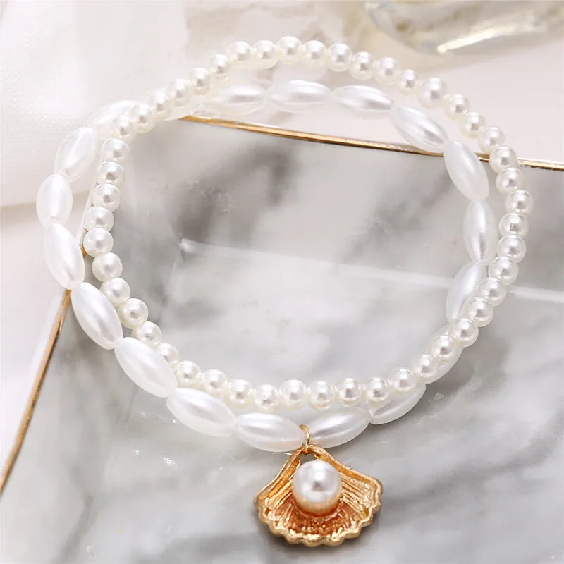 Modyle New Fashion Bohemian Anklet for Women – Simulated Pearls, Gold Tone Shell Pendants, Wedding and Gift Jewelry