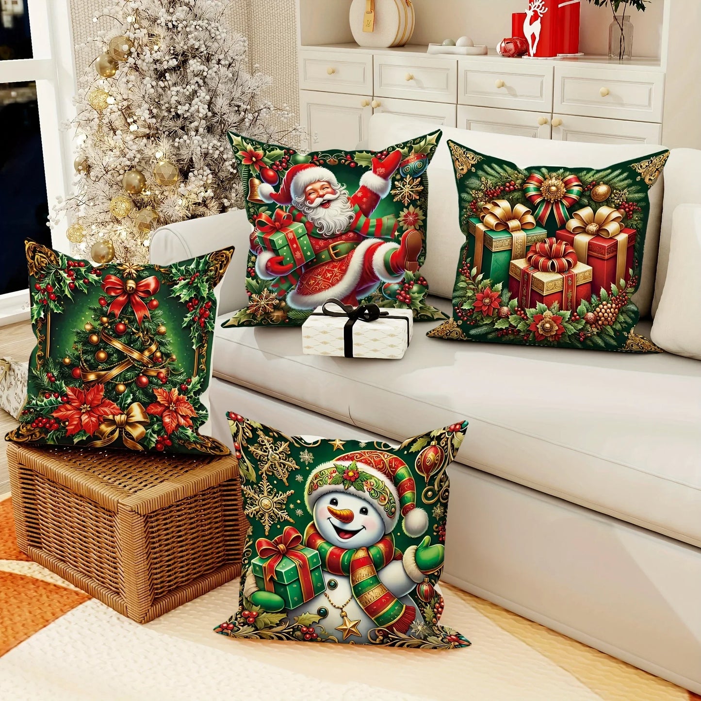 Weihnachts-Kissenbezug – Frohe Weihnachten mit Schneemann, Weihnachtsmann & Geschenkbox Design für Sofa und Zuhause