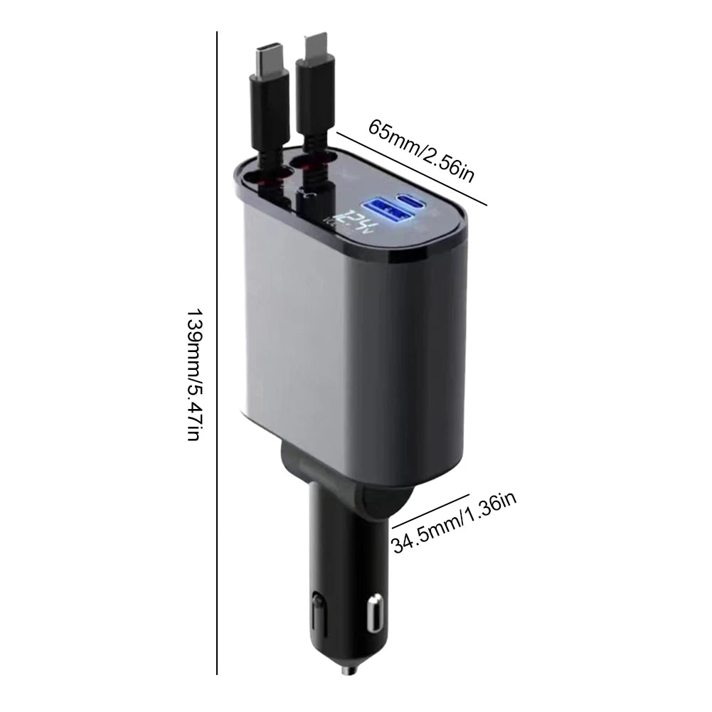 4-in-1 Retraktives Auto-Schnellladegerät - 86W, PD, QC3.0, Zigarettenanzünder-Adapter mit USB Type-C und Apple