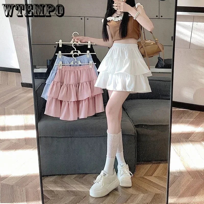 Weiße süße Kuchen Rock Rüschen falten Design Frauen schlanke elastische Taille in Shorts Preppy Style E-Girl Mode Frühling Sommer gebaut