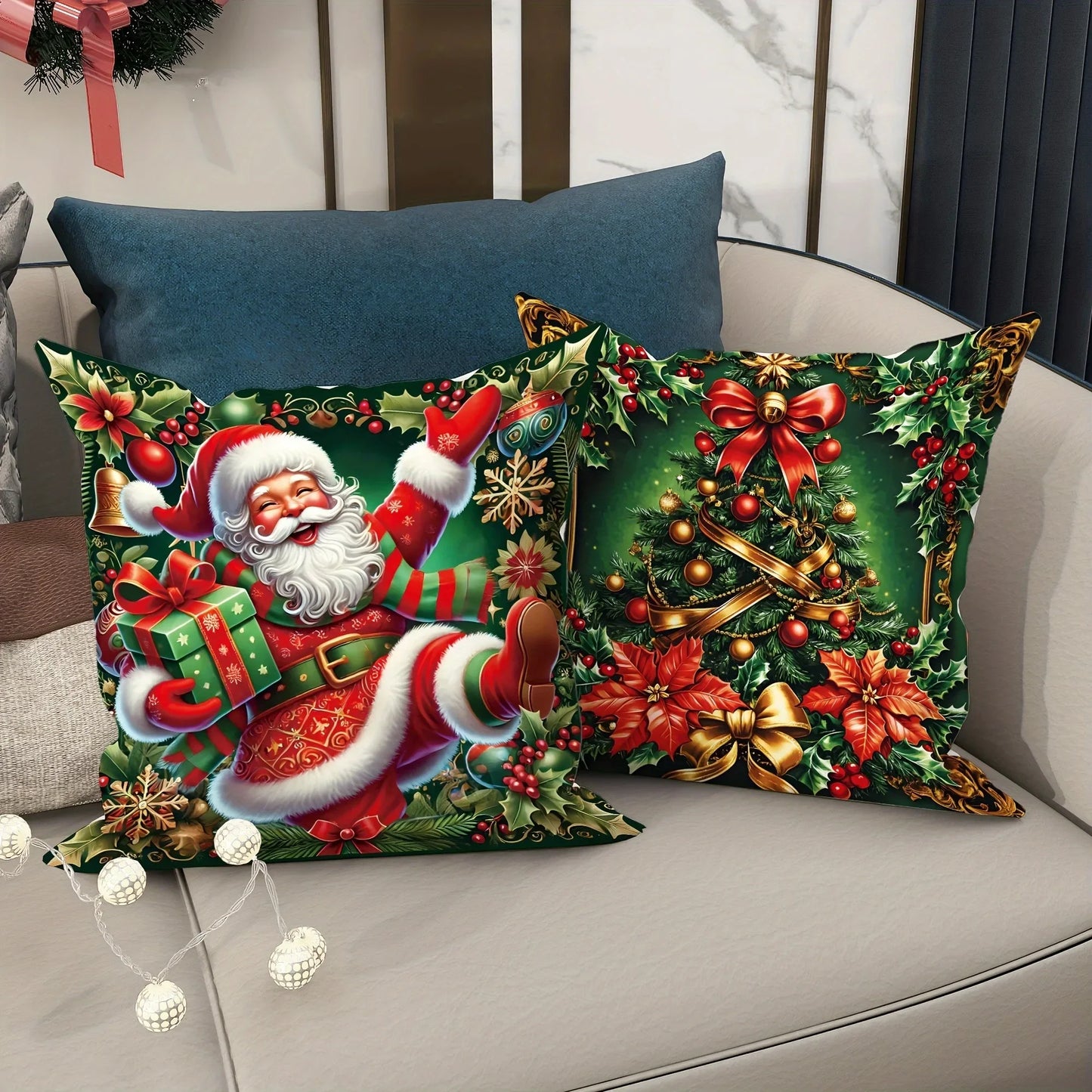 Weihnachts-Kissenbezug – Frohe Weihnachten mit Schneemann, Weihnachtsmann & Geschenkbox Design für Sofa und Zuhause