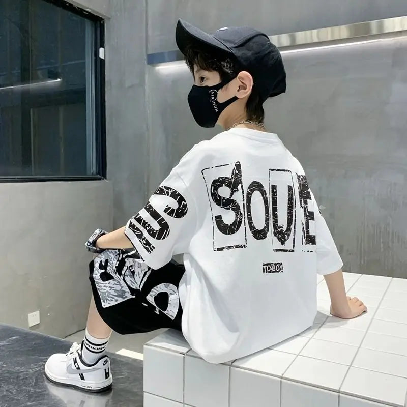 Summer Trendy Boys Sports Set – 2 Piece Outfit with T-Shirt and Pants, Hip Hop Style, 3-14 Years, Fashion Outfits for Teenagers