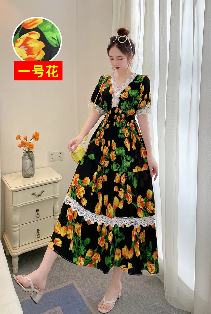 Maxikleid für Frauen, in Plusgrößen, im koreanischen Stil mit Blumenmuster, aus Baumwolle und Spitze, bohemian und indisch inspiriert..