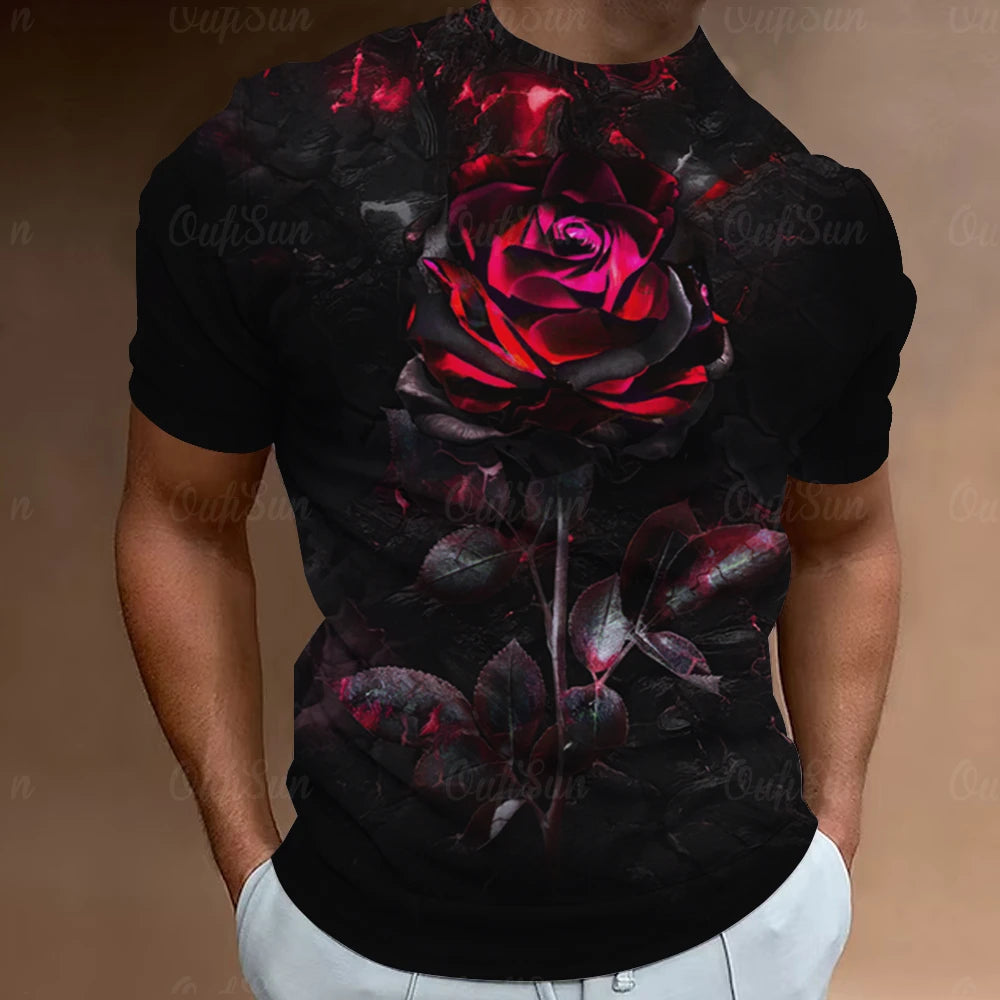 Oversized Herren T-Shirt mit 3D Blumenprint – Streetwear Kurzarm Rose Shirt