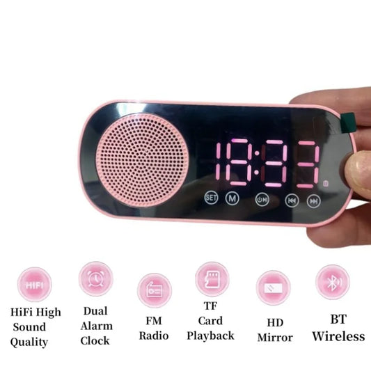 USB-Plug-in-Spiegel-Digitalwecker, Timer, Unterstützung für TF-Karten, FM-Radio, 2 Alarme, Wireless-Lautsprecher mit Subwoofer, Desktop-Musik-Player.