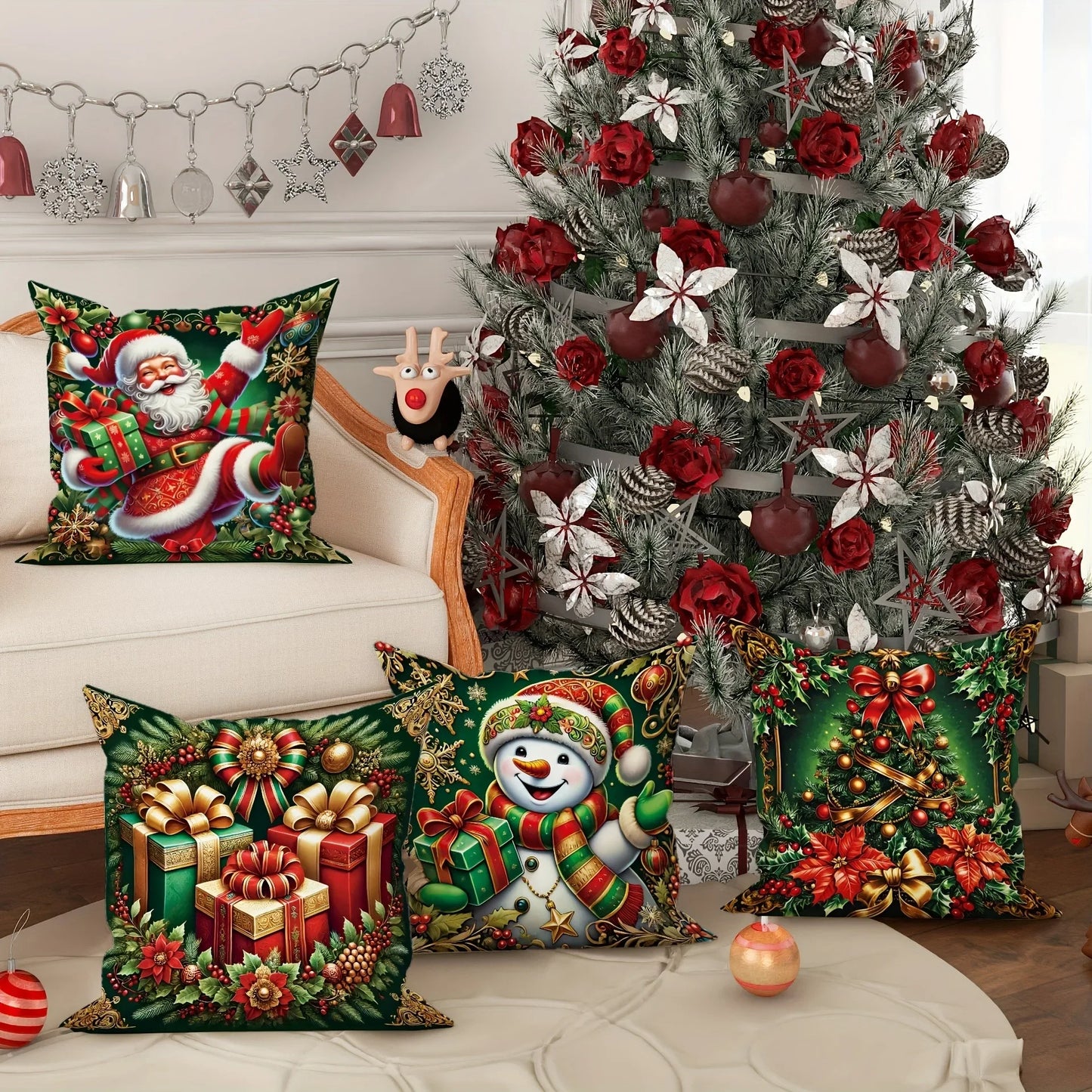 Weihnachts-Kissenbezug – Frohe Weihnachten mit Schneemann, Weihnachtsmann & Geschenkbox Design für Sofa und Zuhause