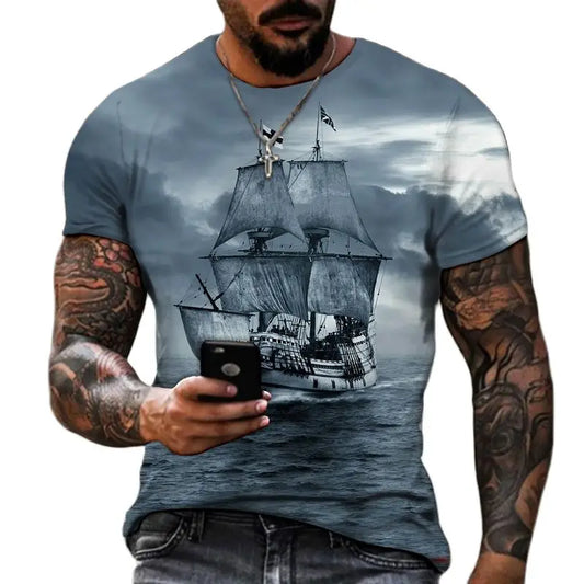 Vintage Herren T-Shirt – 3D Pirate Schiff Druck, Crew Neck, Kurzarm, Übergröße