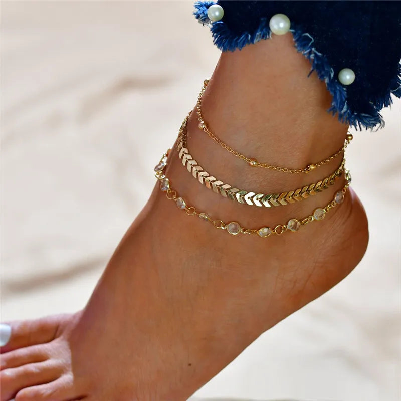 Modyle Gold and Silver Tone Multilayer Anklets for Women - Beaded Ankle Bracelets, Beach and Foot Jewelry