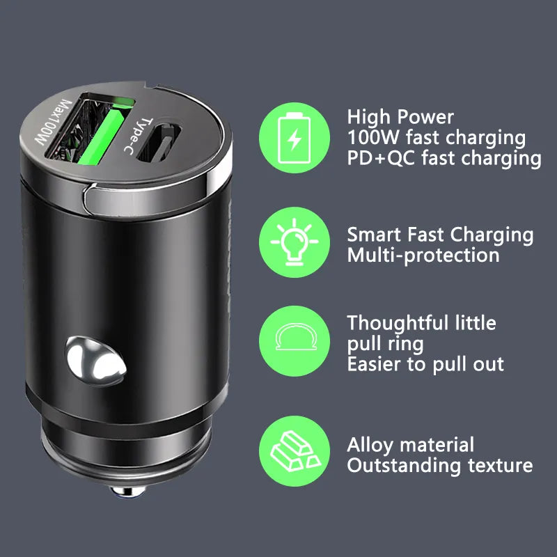 Mini 100W Car Charger - Type-C &amp; Dual USB, Fast Charging for iPhone 15 Pro Max, Samsung, Huawei, Xiaomi, Cigarette Lighter Plug