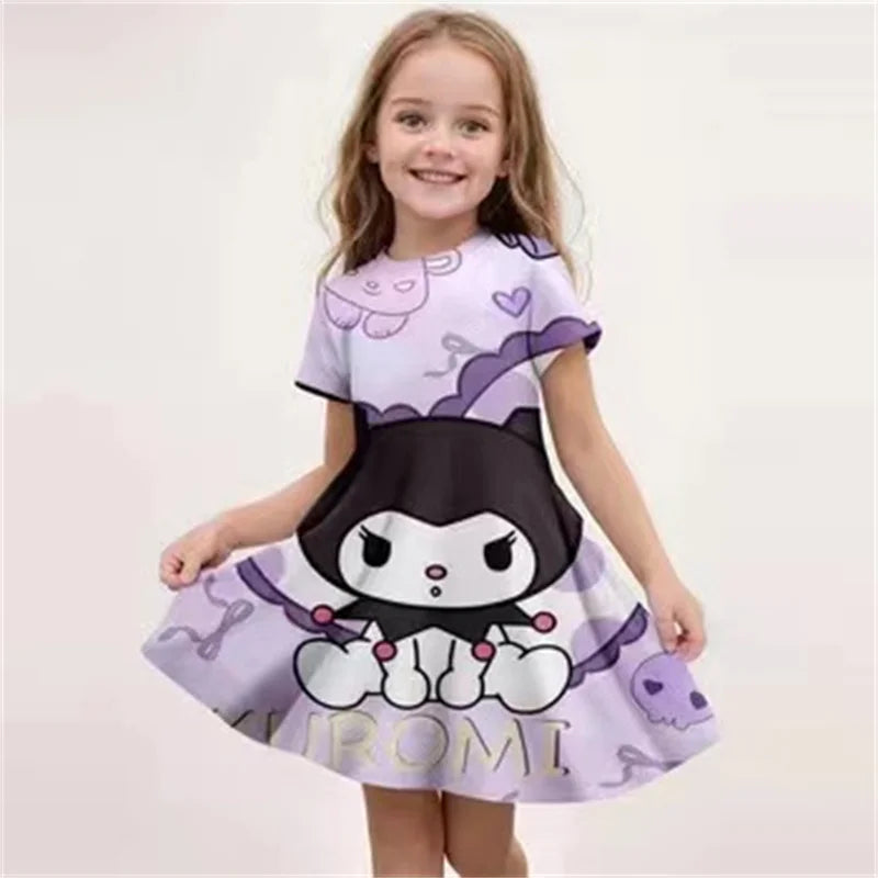 Miniso Kuromi 3D-Druck Mädchen Kurzarm-Kleid, Cartoon-Rock, Hochwertige Kinderkleidung, 4-14 Jahre