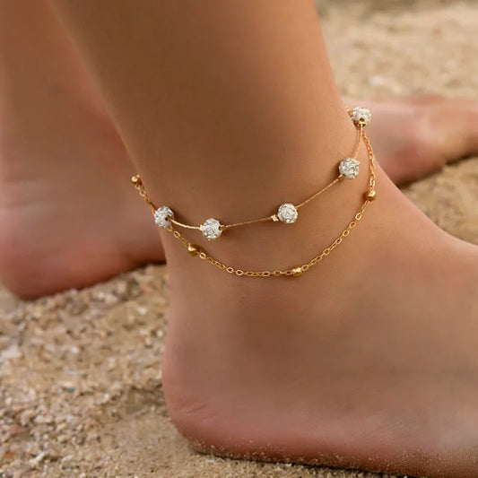 VAGZEB 2 Piece Bohemian Anklet Set for Women - Cubic Zirconia Ball Ankle Bracelet Summer Beach Jewelry