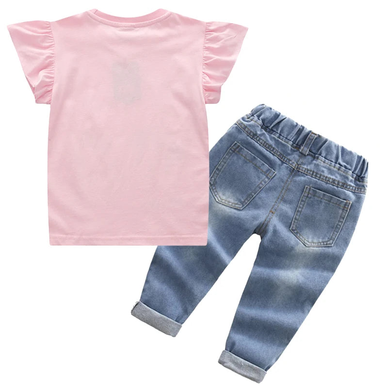 Summer Kids Clothing Set – Baby Girls &amp; Boys 2-Piece Outfit, Cartoon Minnie/Mickey Mouse T-Shirt &amp; Jeans Pants