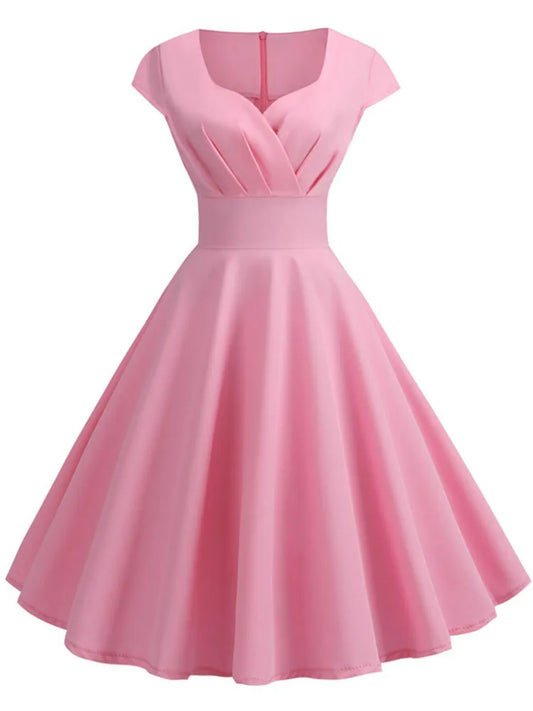 Rosa Sommerkleid für Frauen, V-Ausschnitt, Vintage-Robe, elegante Retro-Pin-Up-Party-Kleider, ideal für Büro und Freizeit, Midi-Länge..