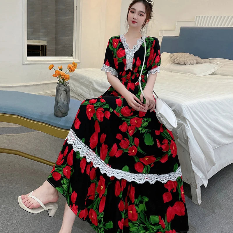 Maxikleid für Frauen, in Plusgrößen, im koreanischen Stil mit Blumenmuster, aus Baumwolle und Spitze, bohemian und indisch inspiriert..