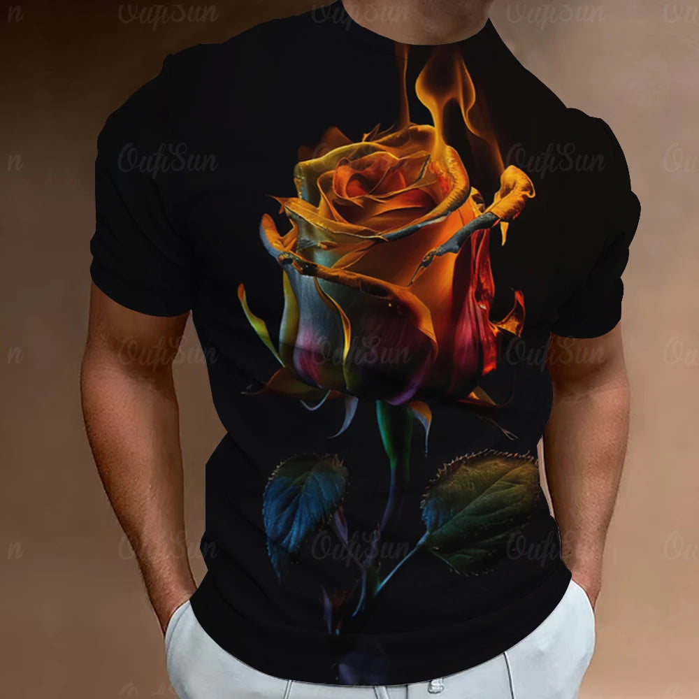 Oversized Herren T-Shirt mit 3D Blumenprint – Streetwear Kurzarm Rose Shirt