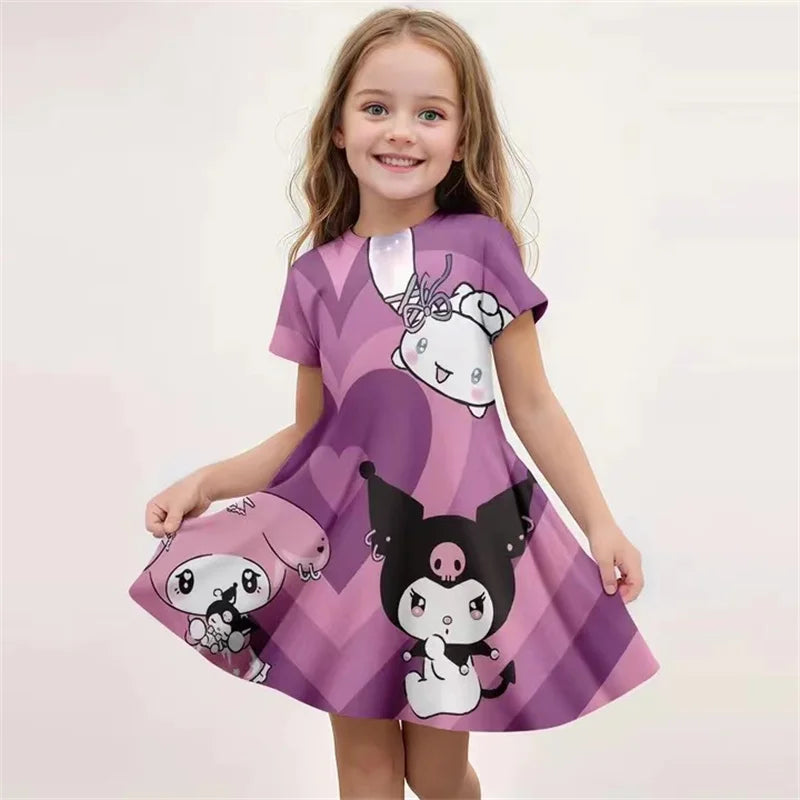 Miniso Kuromi 3D-Druck Mädchen Kurzarm-Kleid, Cartoon-Rock, Hochwertige Kinderkleidung, 4-14 Jahre