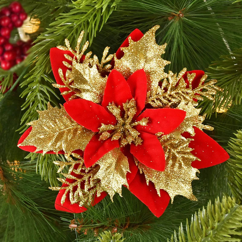 10/5Pcs 14cm Glitter Künstliche Weihnachten Blumen Weihnachten Baum Ornamente Frohe Weihnachten Dekorationen für Haus Neue Jahr geschenk Navidad