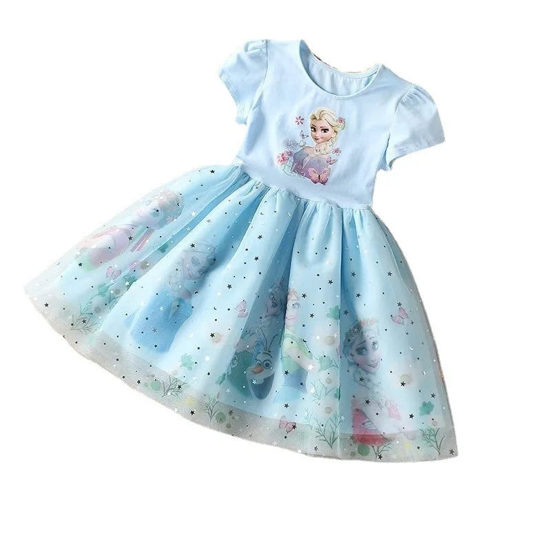 Sommerkleid für Mädchen, Rundhalsausschnitt, Cartoon-Elsa aus Frozen, Kurzarm, Prinzessin-Kleid für den Alltag