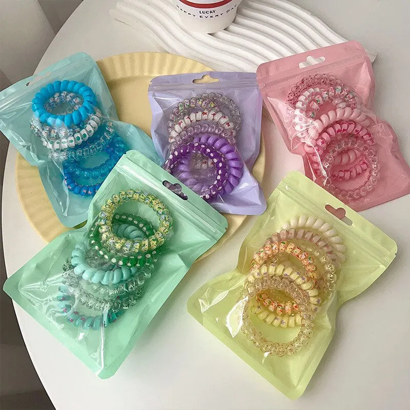 6 Pcs/Set Women Fashion Hair Bands - Telephone Wire Design Elastic Colorful Printed Spiral Cord Rubber Band Scrunchies Hair Accessories Gift