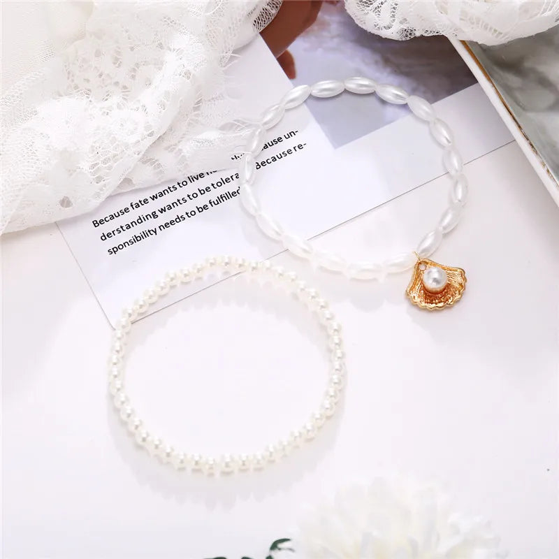 Modyle New Fashion Bohemian Anklet for Women – Simulated Pearls, Gold Tone Shell Pendants, Wedding and Gift Jewelry