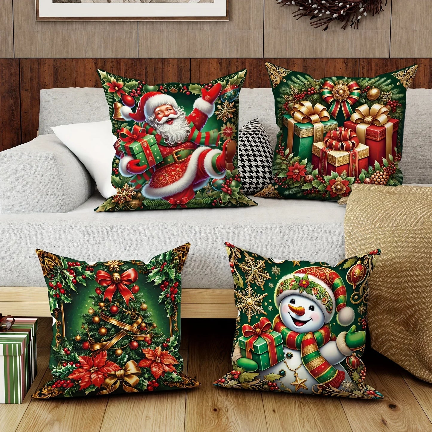 Weihnachts-Kissenbezug – Frohe Weihnachten mit Schneemann, Weihnachtsmann & Geschenkbox Design für Sofa und Zuhause