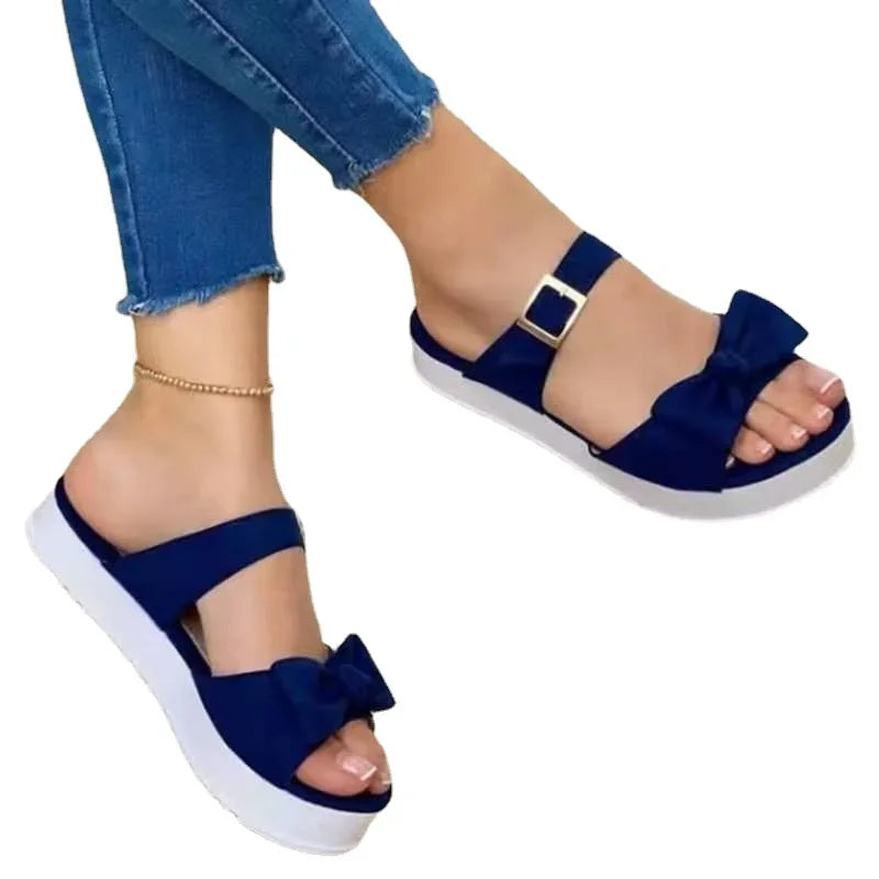 Slippers for women summer 2022 new fashion bow design flat platform sandals open toe flip flops outdoor casual beach shoes for ladies.