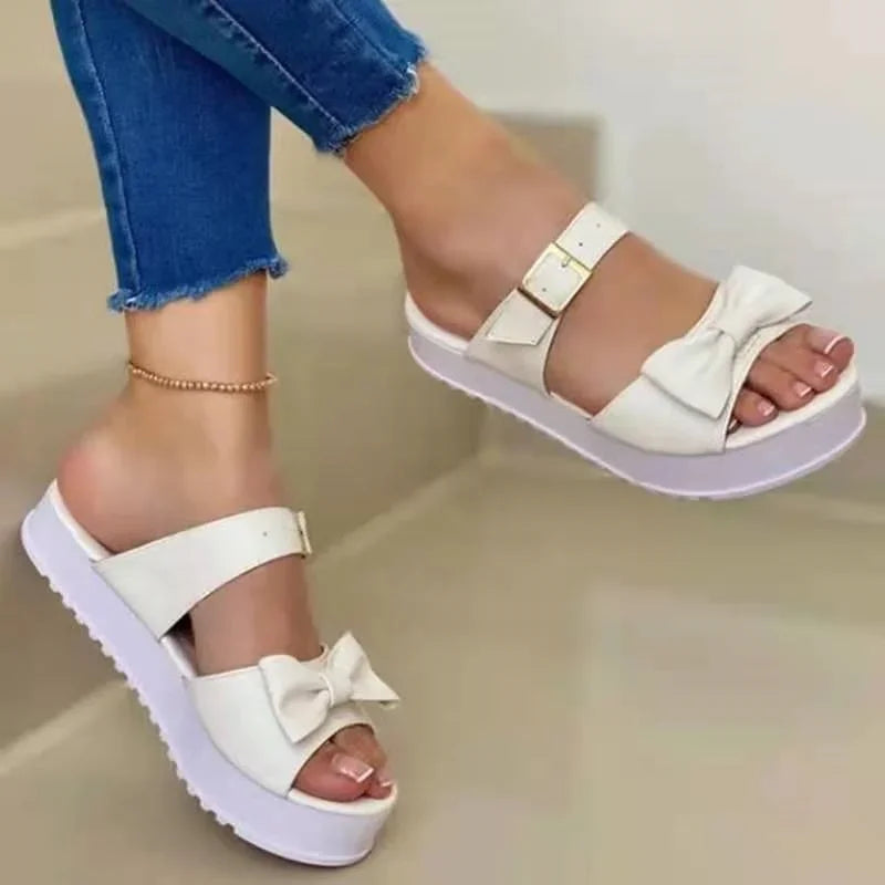 Slippers for women summer 2022 new fashion bow design flat platform sandals open toe flip flops outdoor casual beach shoes for ladies.