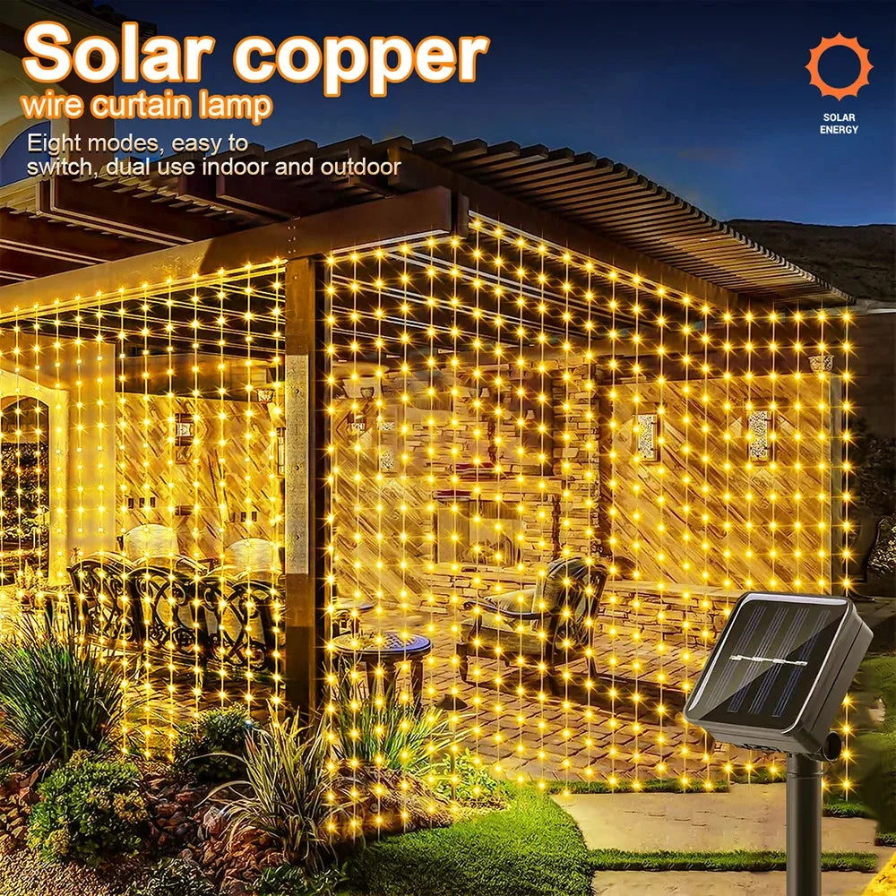 Solar LED Vorhang Licht Outdoor Girlande Solar Fee String Licht Kupferdraht Lampen für Garten Hof Hochzeits feier Urlaub Dekor