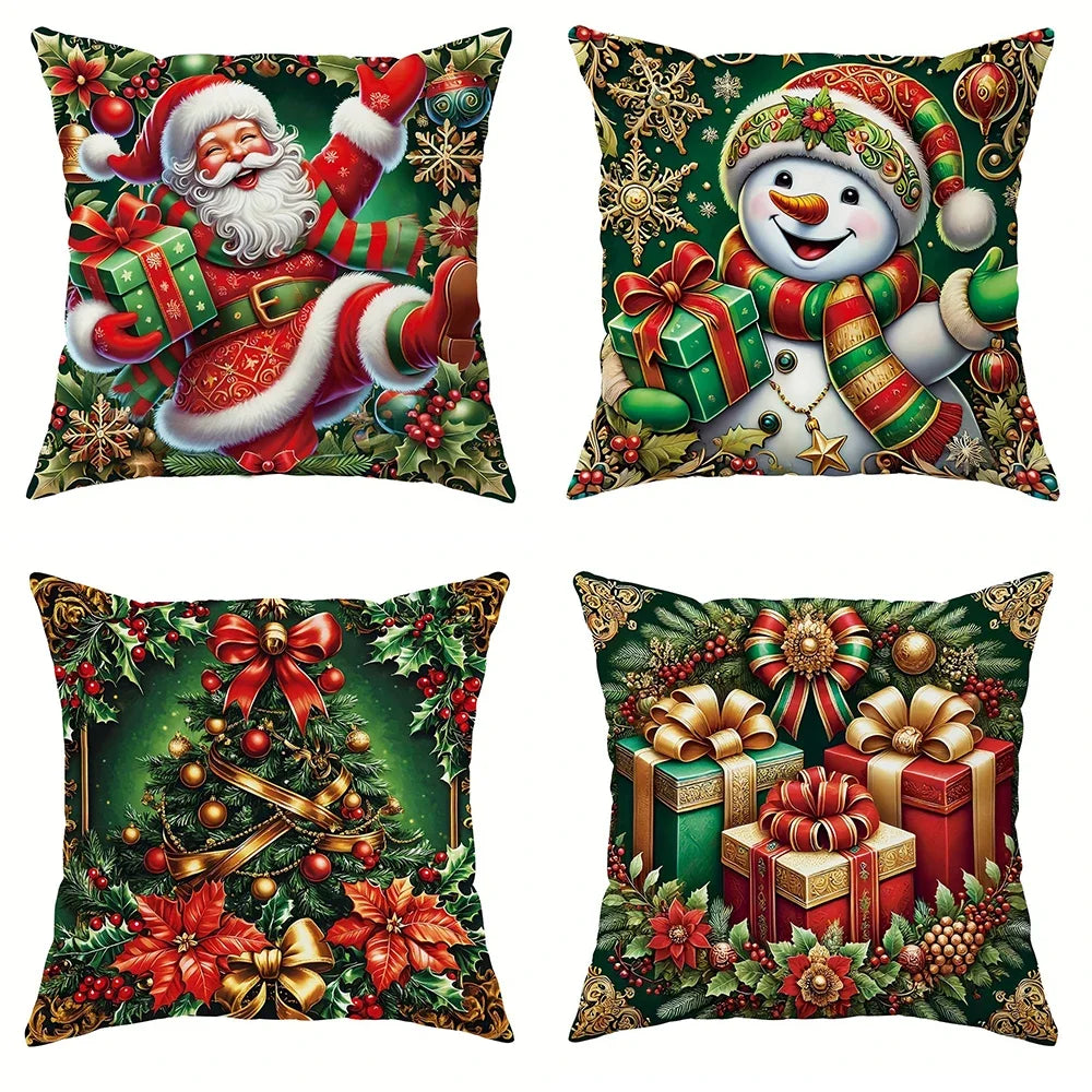 Weihnachts-Kissenbezug – Frohe Weihnachten mit Schneemann, Weihnachtsmann & Geschenkbox Design für Sofa und Zuhause