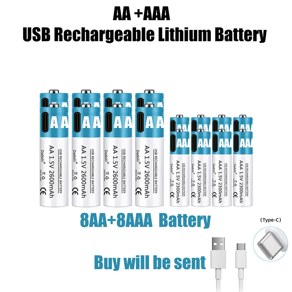 AA AAA 1.5V Wiederaufladbare Lithium-Ionen-Batterien – 2600mAh, USB-Schnellladung