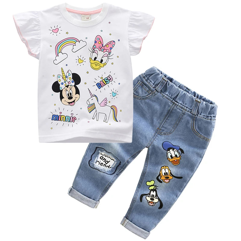 Summer Kids Clothing Set – Baby Girls &amp; Boys 2-Piece Outfit, Cartoon Minnie/Mickey Mouse T-Shirt &amp; Jeans Pants