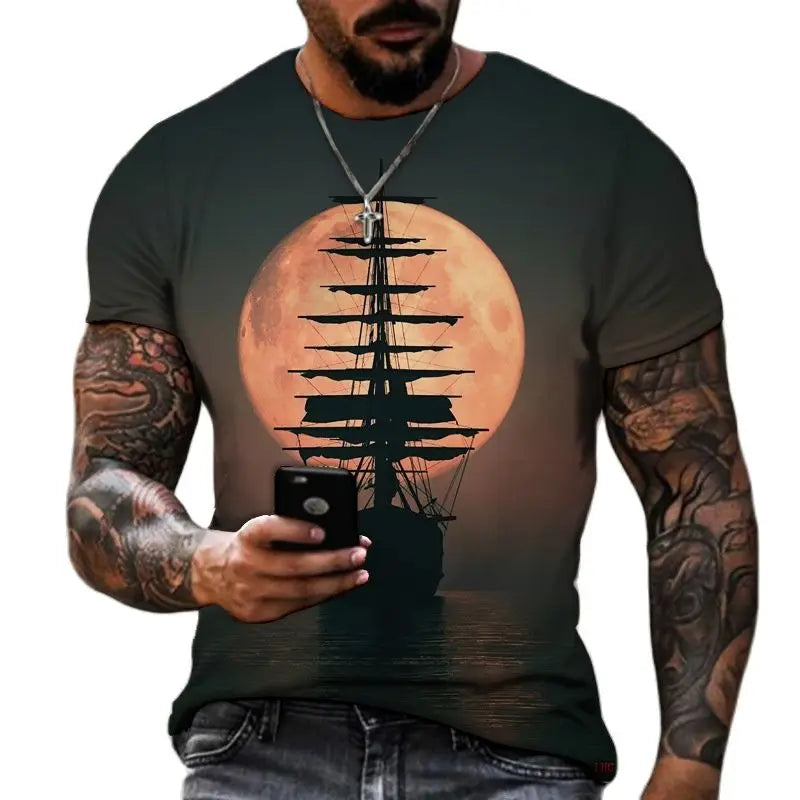 Vintage Herren T-Shirt – 3D Pirate Schiff Druck, Crew Neck, Kurzarm, Übergröße